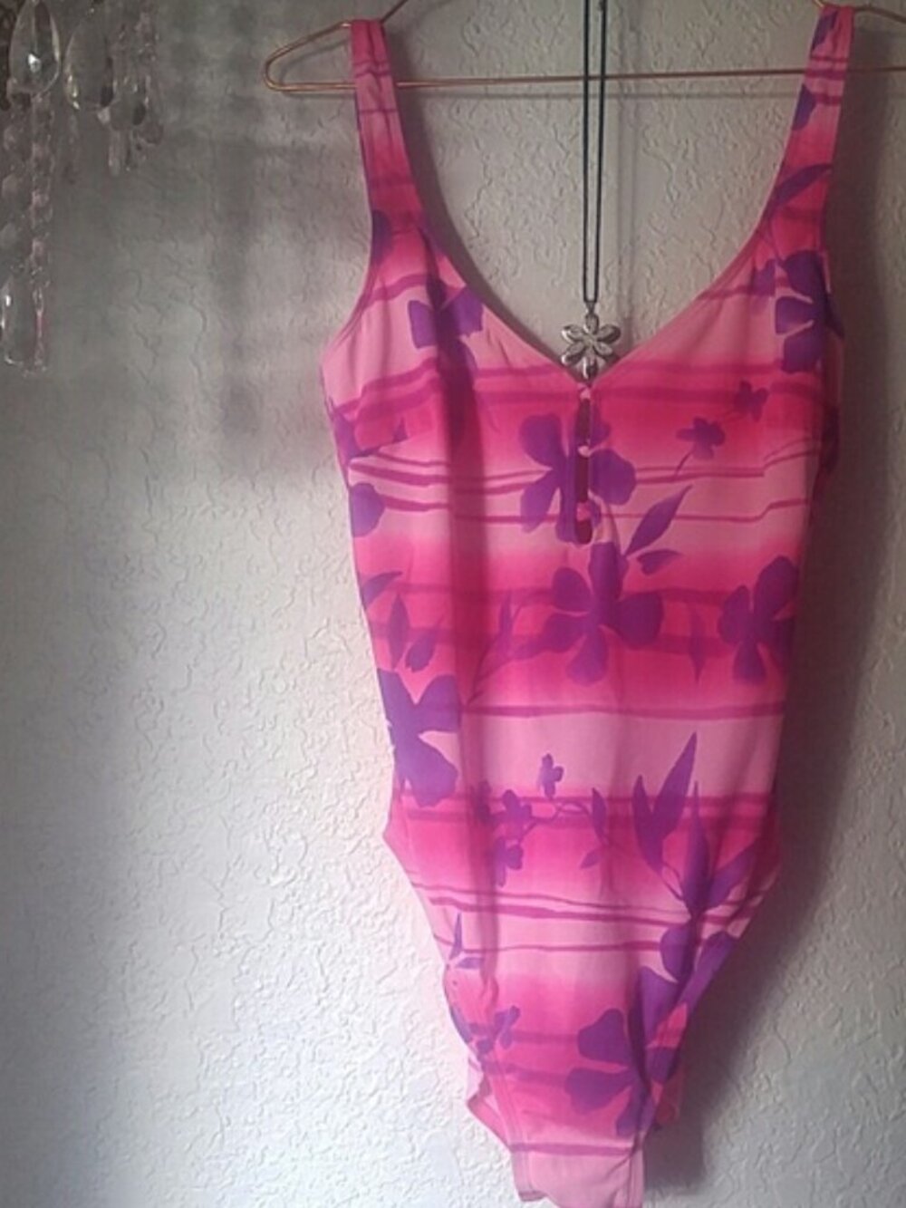 Beach Cabana SZ L Vintage 80's Pink Purple & Light Pink Abstract Floral & Bra